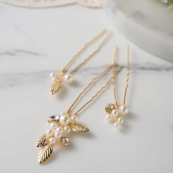 Wedding Hair Accessories Pearl Rhinestone Leaf Pins Set for Brides Bridesmaids